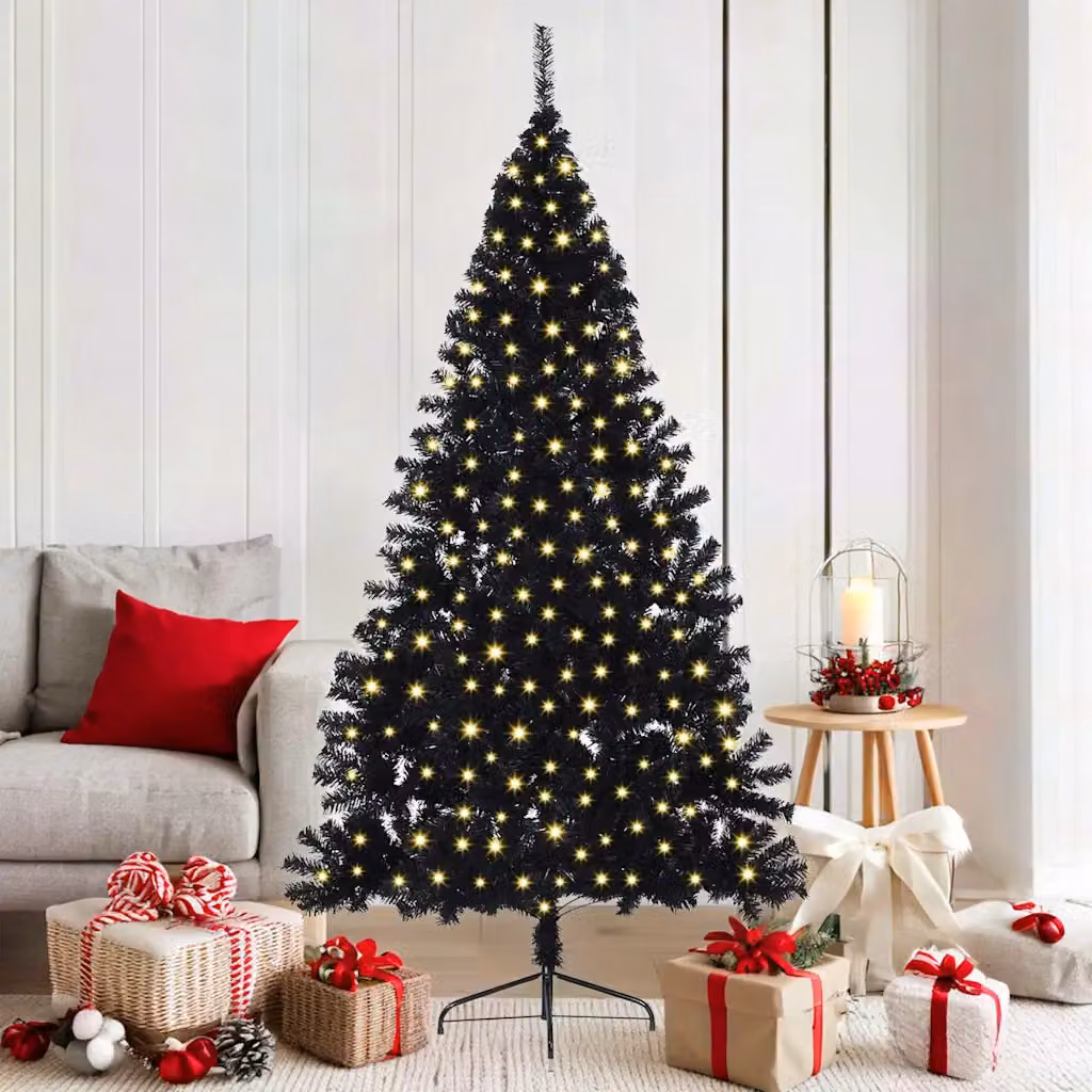 Albero di Natale artificiale moderno vidaXL con luci LED bianco caldo, colore nero, Altezza: 180 cm, in PVC e metallo