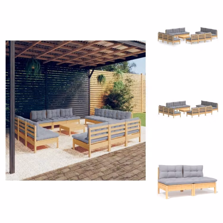 vidaXL Set di 13 pezzi per salotto da giardino con cuscini grigi in legno di pino - Set di mobili da giardino