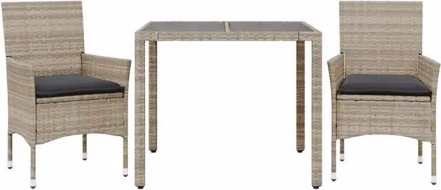 Set Pranzo da Giardino 3 Pezzi in Polyrattan Grigio con Tavolo in Vetro e Cuscini