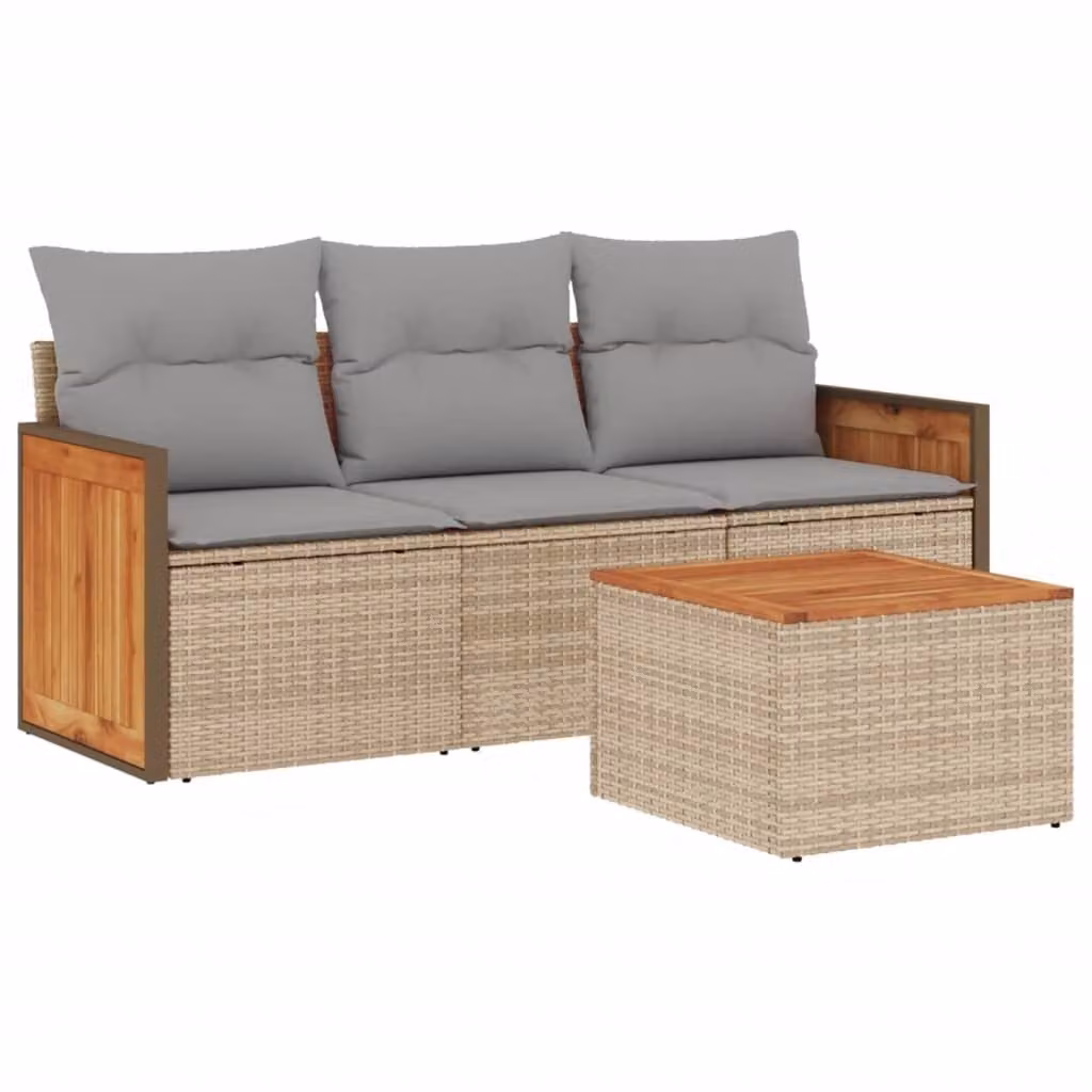 Set Divano da Giardino 4 pz con Cuscini Beige in Polyrattan