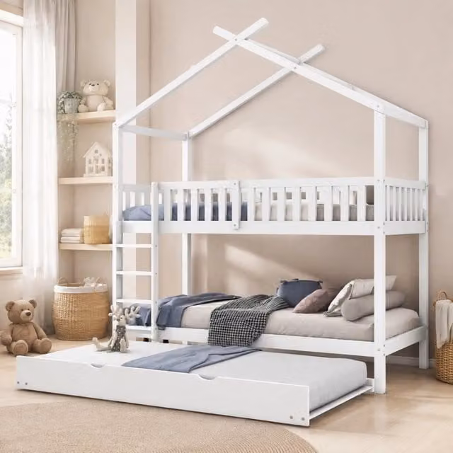 Letto a castello Mivray in legno bianco con struttura a casetta e cassetti L/P/H: 235 x 90 x 205 cm