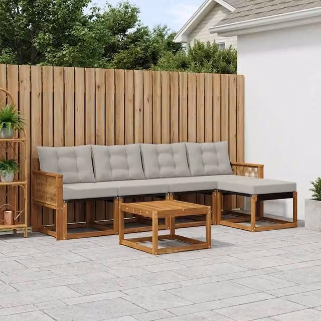 Set di mobili da giardino vidaXL composto da 6 pezzi con divano a L, tavolino da caffè e pouf in legno di acacia, colore beige e grigio – 1