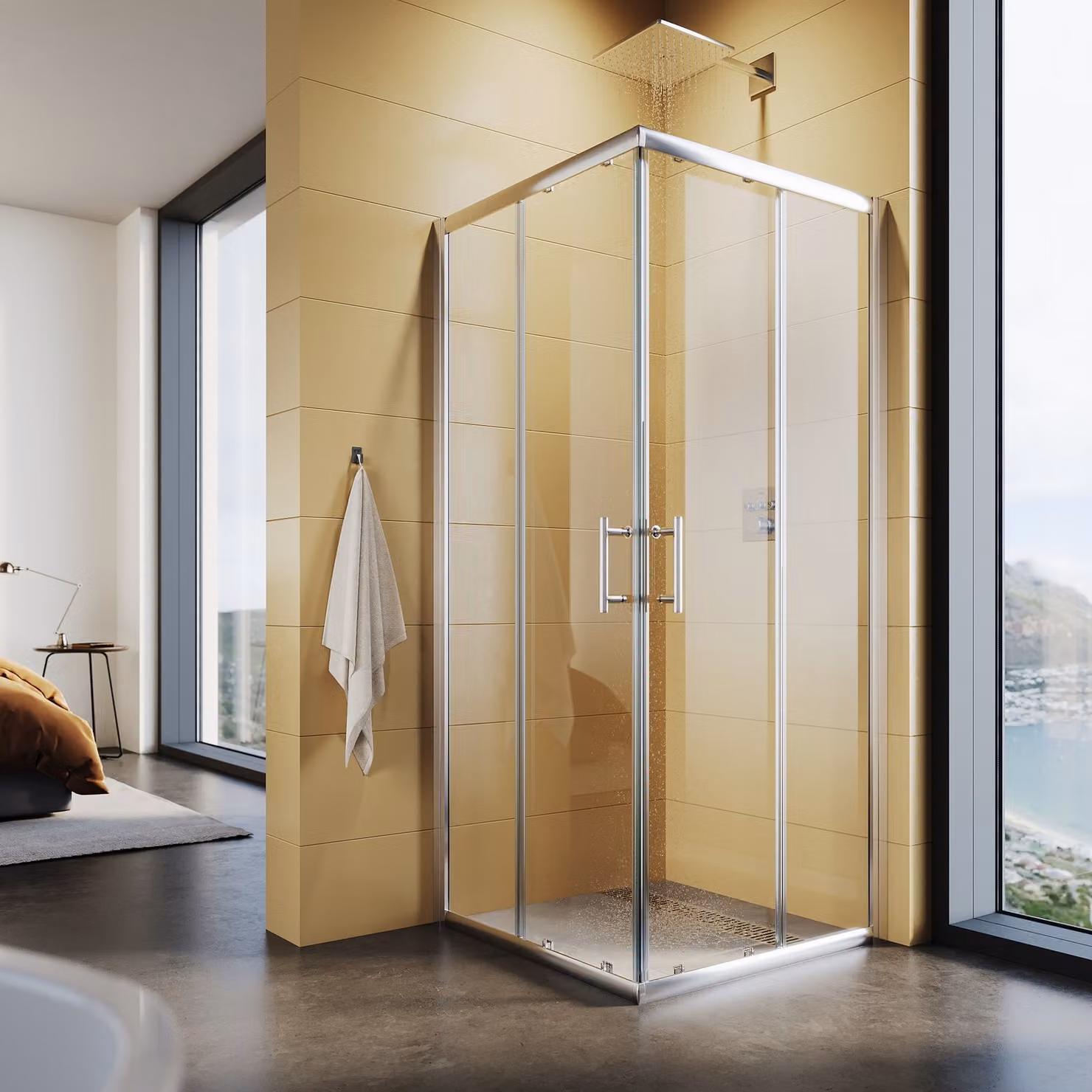 Cabina doccia SONNI 76x76x195cm, doccia a doppia porta scorrevole monoblocco, doccia angolare in vetro ESG
