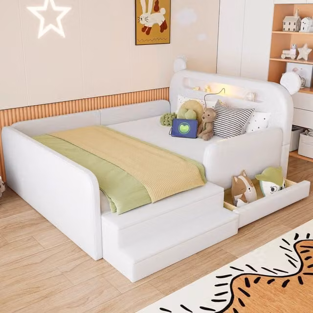 Letto per bambini 140×200 cm con testiera a orsetto, luce notturna, USB, contenitore e seduta, senza materasso