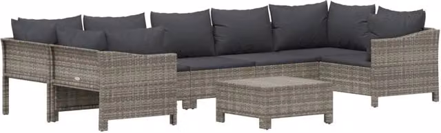 Set da giardino Outsunny a 8 pezzi in resina intrecciata grigia con cuscini e pouf coordinato