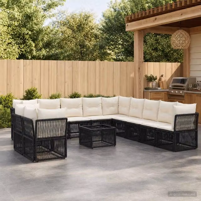 Set Divano da Giardino a L con Tavolino vidaXL, 12 Pezzi, Nero