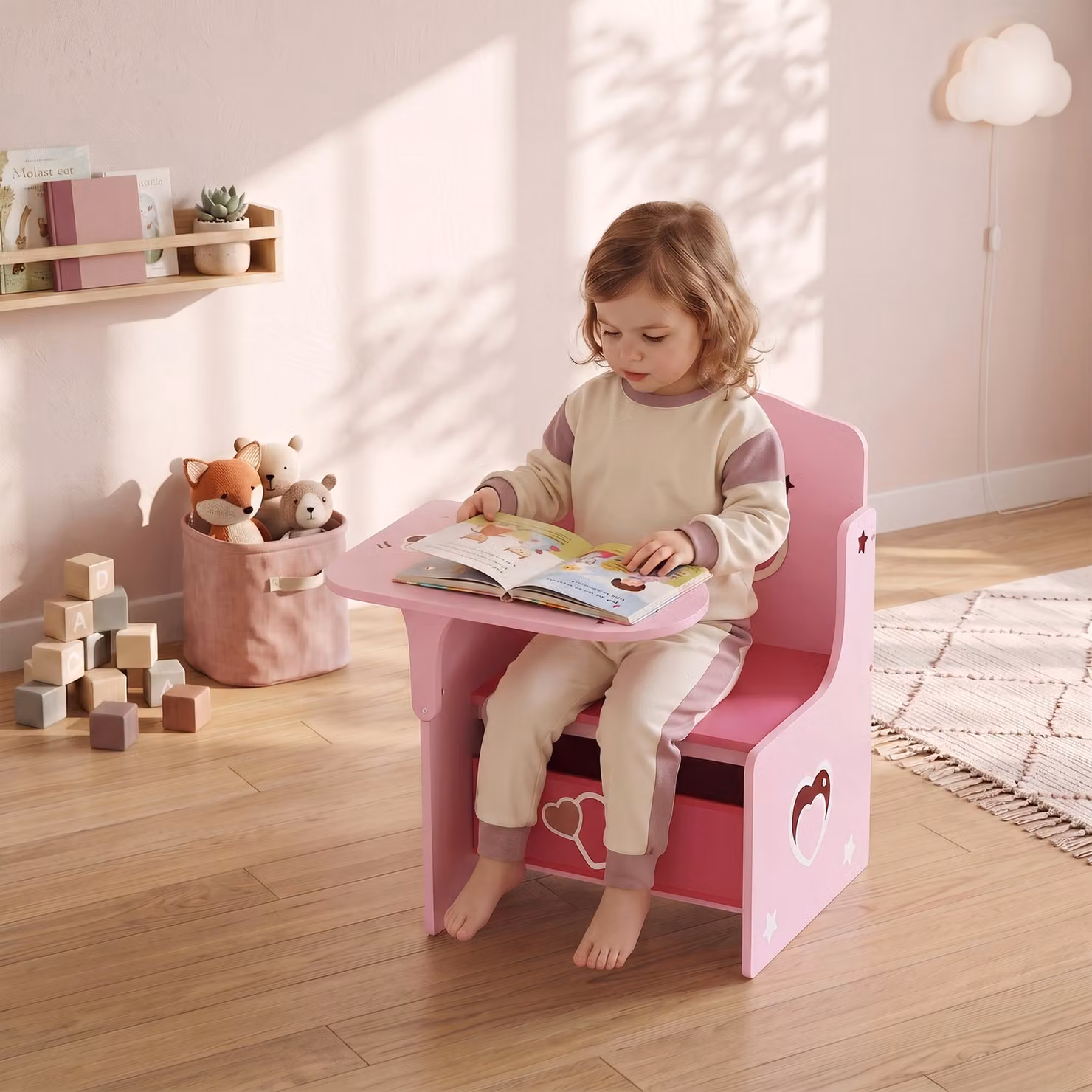 Set Tavolo e Sedie per Bambini AIYAPLAY in Legno MDF con Motivi a Cuore e Contenitore Integrato, Rosa – 2