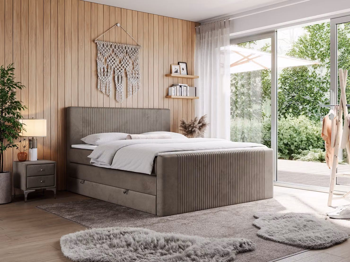Letto boxspring matrimoniale con materasso a molle insacchettate e due cassetti - KING DOREN - 160x200 cm - Marrone - H3