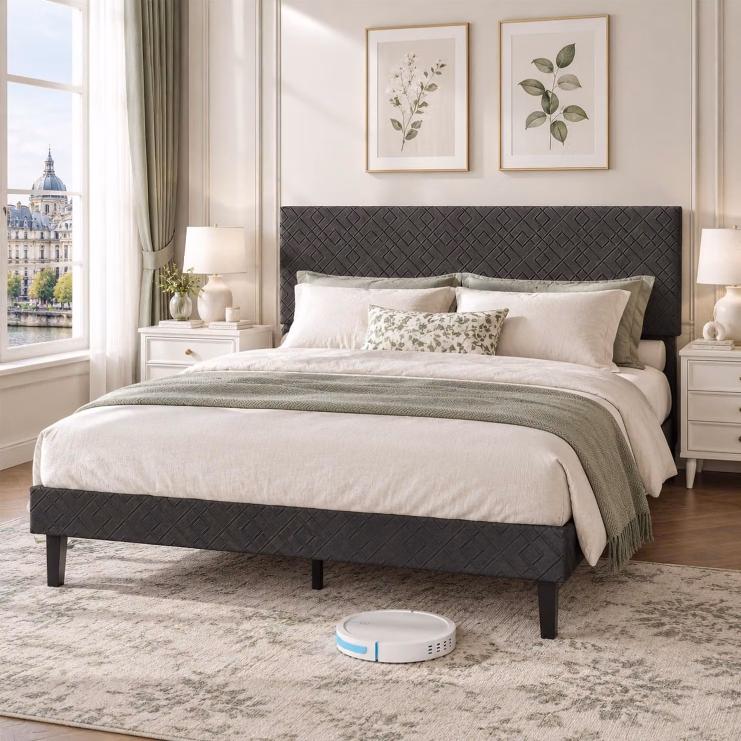 Letto imbottito INONEFT, 160x200 cm, letto matrimoniale con testiera imbottita regolabile, letto per ragazzi con spazio contenitore, struttura del letto con rete a doghe, tessuto in lino, colore grigio