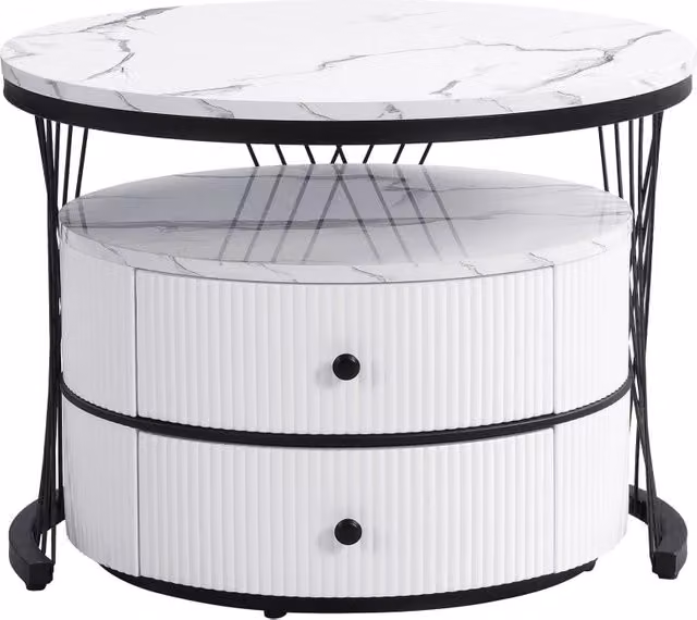 Tavolini da salotto impilabili con 2 cassetti, finitura effetto marmo lucida, in MDF bianco, per soggiorno