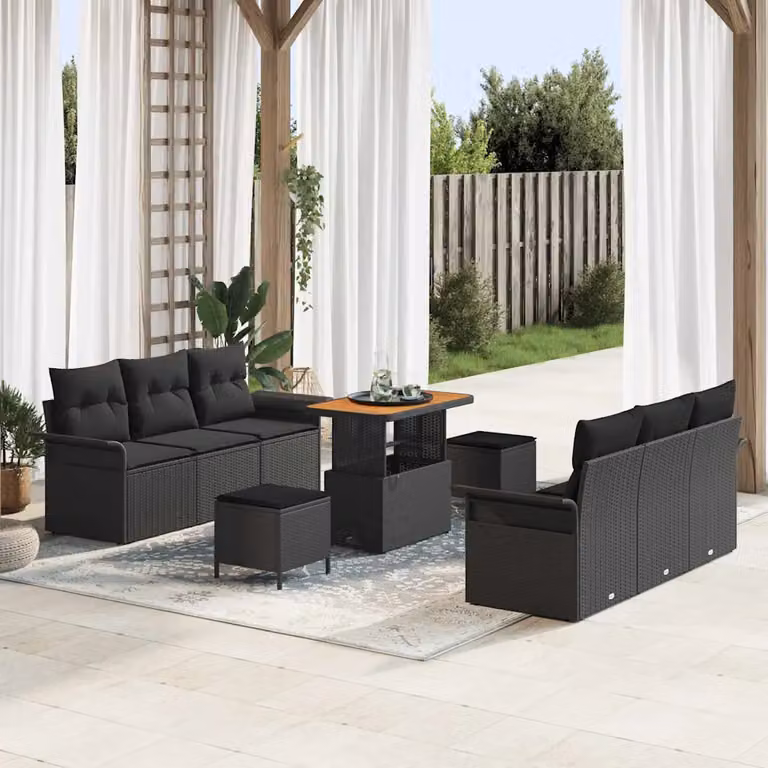 Set Divano da Giardino vidaXL a 9 posti con Cuscini e Funzione Archiviazione, Colore Nero