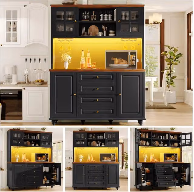 Highboard Cucina Nero, Corpo MDF, Piedi Albero della Gomma, Illuminazione LED RGB, Ripiani Regolabili, Portabicchieri Vino in Metallo, Mobile Contenitore Moderno per Cucina e Soggiorno