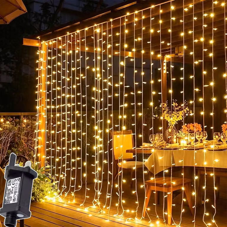 Confezione da 2, luci a tenda con 300 LED, dimensioni 3m x 3m, 8 modalità, timer, grado di protezione IP65