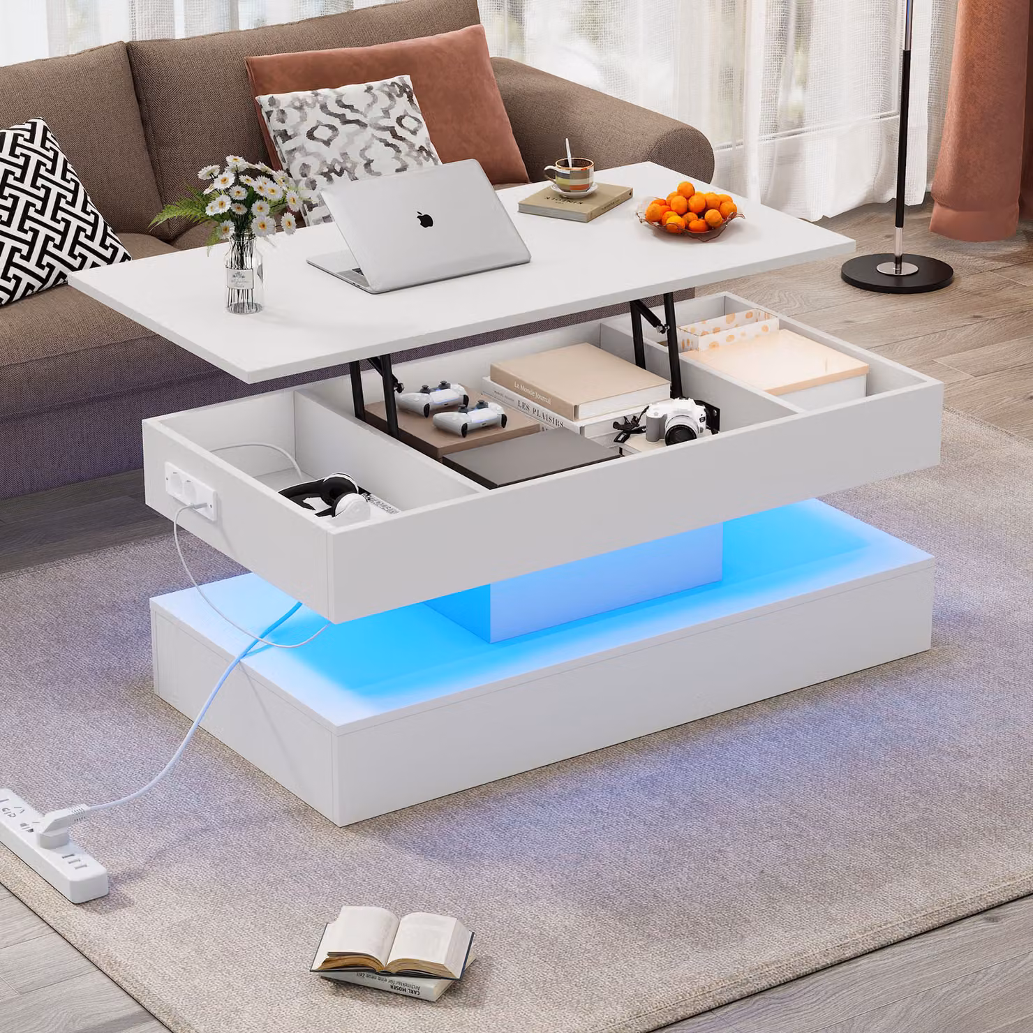 okwish Tavolino, Tavolino con illuminazione a LED e portaoggetti nascosto - Tavolo pieghevole con sollevamento idraulico, Bianco