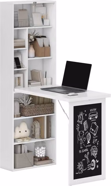 Scrivania pieghevole a muro Xylo con libreria e scaffale regolabile, colore bianco legno