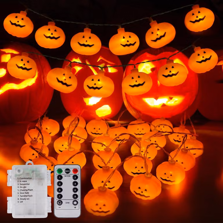Catena luminosa a tema Halloween, 6 metri, 40 LED, zucche arancioni, 8 modalità