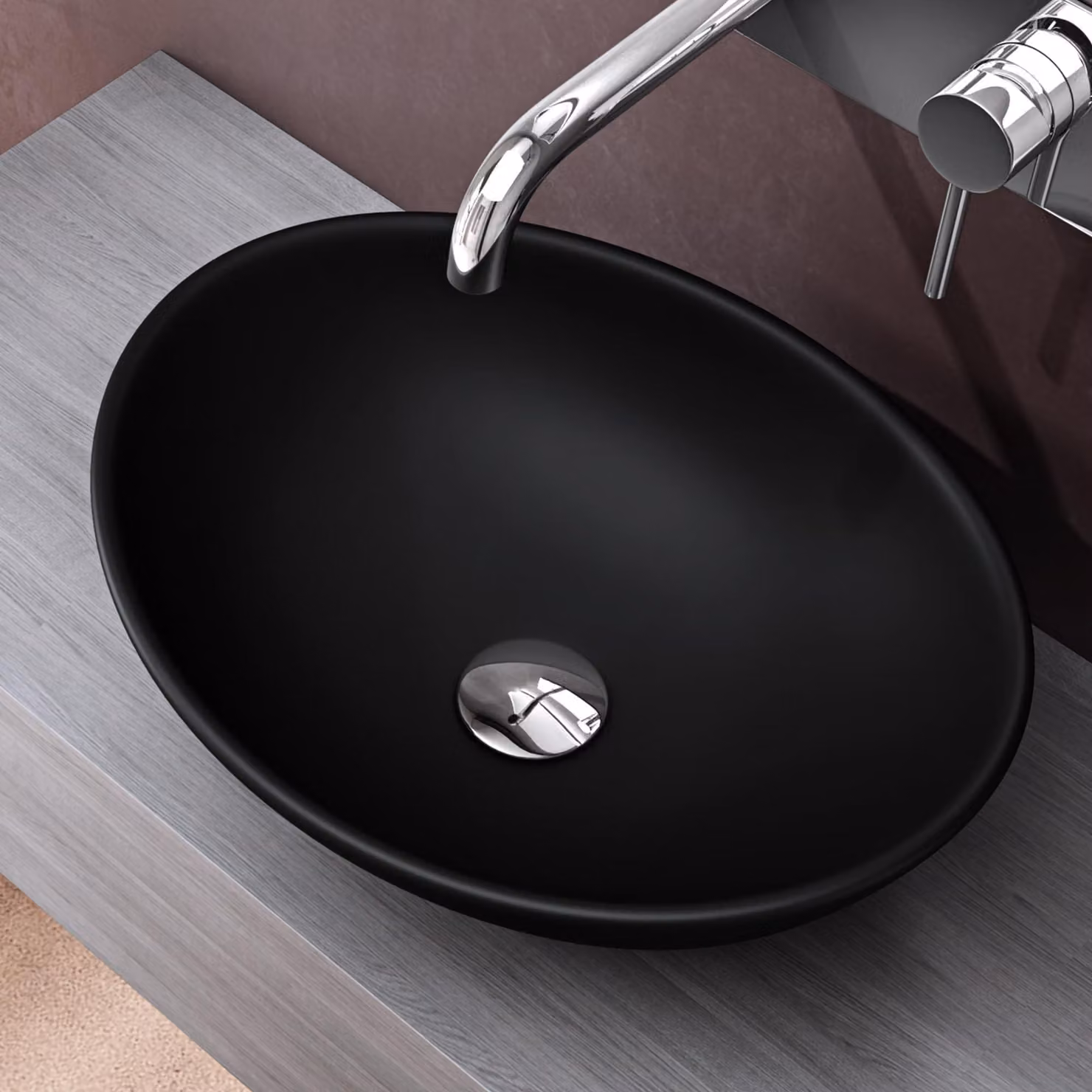 doporro Lavabo da Appoggio Ovale in Vetroceramica Nero Opaco 42 cm Lavandino Bagno Moderno con Rivestimento Nano per Bagno e WC Ospiti Brüssel205