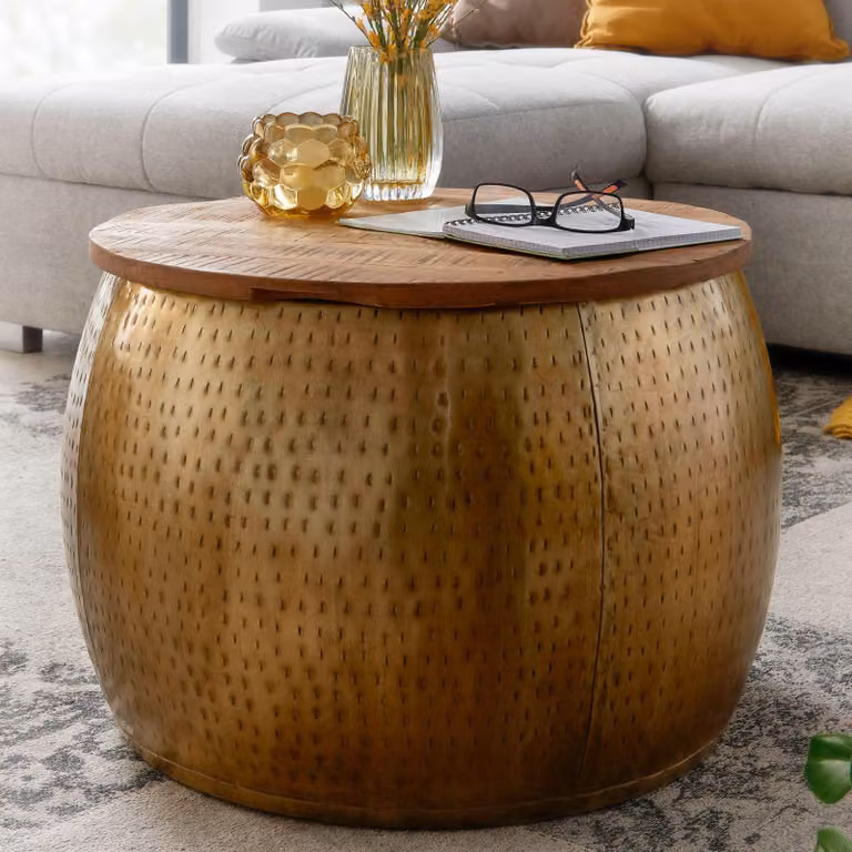 FineBuy tavolino da caffè mango in metallo massiccio 60x60x40 cm dorato rotondo con contenitore | Design tavolo da soggiorno piano estraibile | Tavolo da soggiorno pieghevole