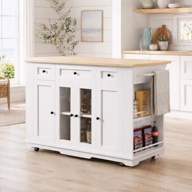 Isola da cucina REDOM bianca con piano pieghevole e ante in vetro, L: 151,5 cm, P: 85 cm, H: 91,7 cm