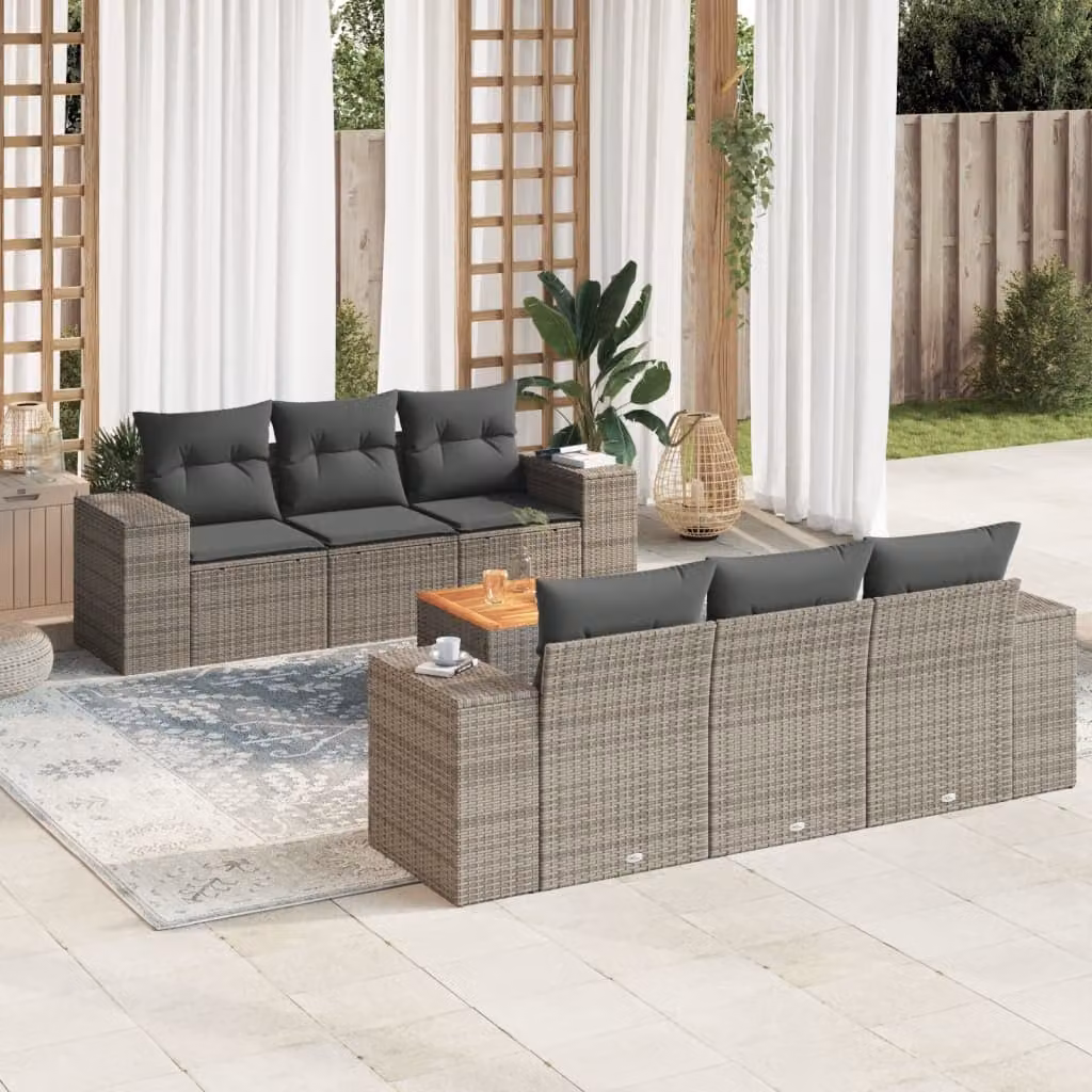 Set di divani da giardino vidaXL 7 pezzi in polyrattan grigio con cuscini e tavolino da esterno – 1
