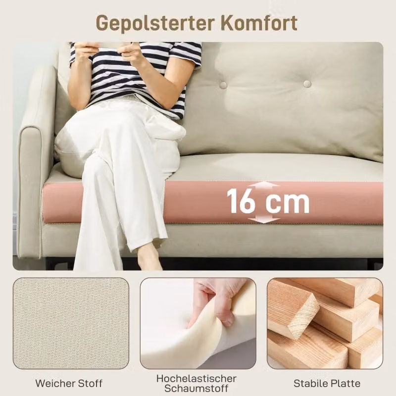 Divano a 2 posti REDOM in tessuto bianco crema con struttura in metallo, L: 124 cm, P: 73 cm, H: 92 cm – 2