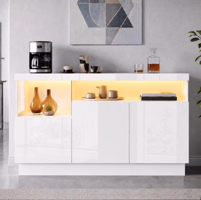 Credenza moderna lucida con LED APP e vano display in acrilico; 140 cm; bianca