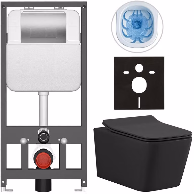 CERANO - Set WC da incasso Forte - nero opaco - pulsante Prime/Modulo, argento - sospeso - installazione pre-parete/cartongesso - 51x36 cm