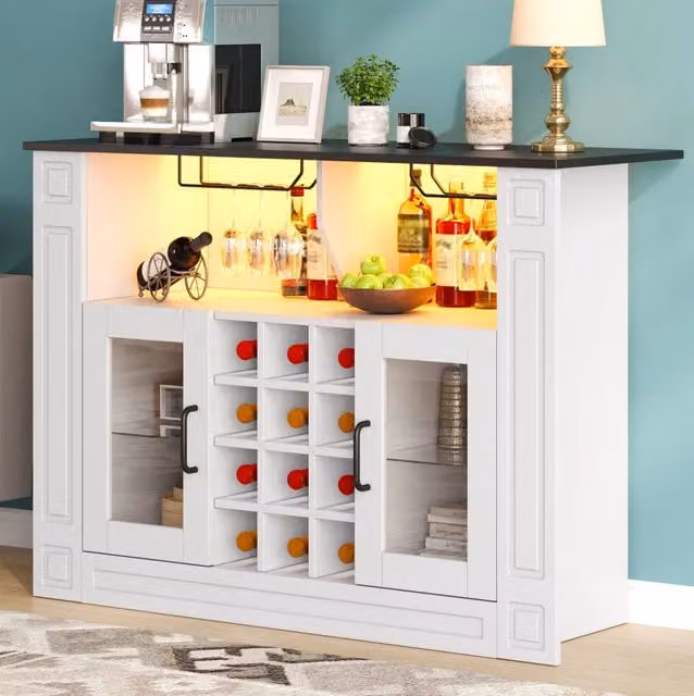 Mobile portavino con LED RGB; portabicchieri e 12 scomparti; MDF bianco; 120 × 35 × 84 cm