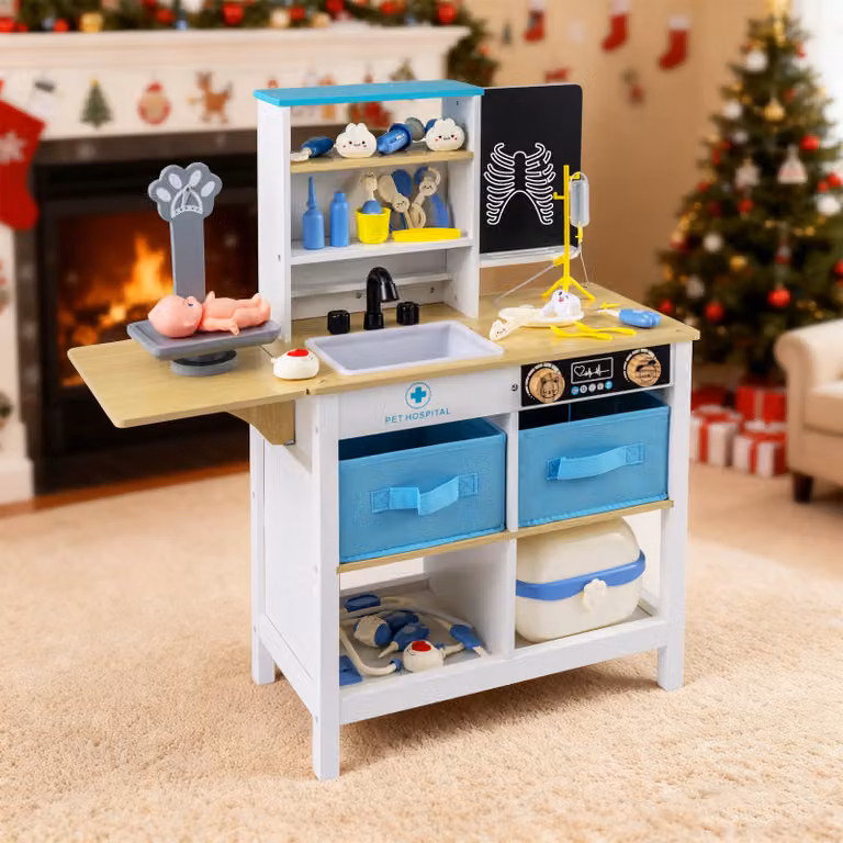 Set gioco medico in legno Costway con lavagna, bilancia e accessori, colore bianco