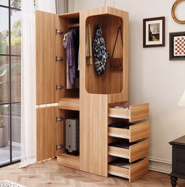 Armadio a 1 anta con 4 cassetti e vano appendiabiti aperto 70x40x170 cm in legno naturale