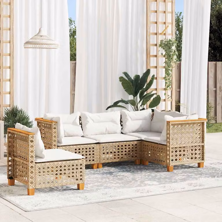 vidaXL Set Divano da Giardino a L in Polyrattan con Cuscini Beige e Struttura in Legno di Acacia