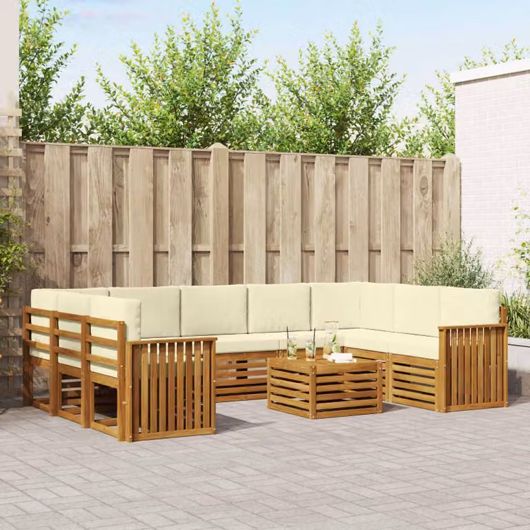 Set di divani da esterno vidaXL a forma di U in legno di acacia con cuscini, colore naturale e crema