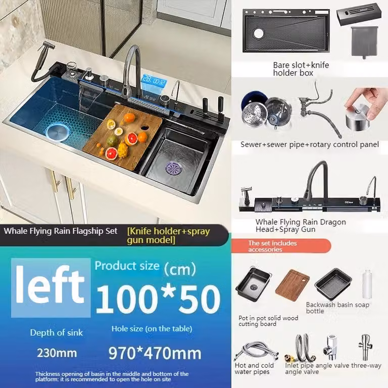 Lavello da cucina in acciaio inossidabile con design a cascata, monovasca, display digitale e di grandi dimensioni