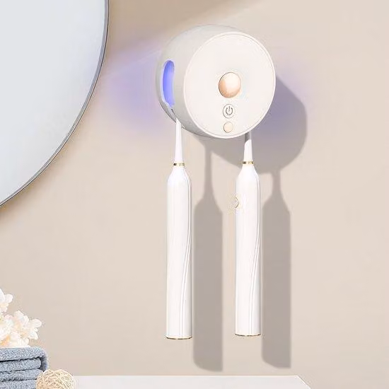 Dispositivo portatile di disinfezione UV - Supporto per spazzolini da denti con 2 vani - Bianco - Senza foratura - Ideale per 2 persone - Sicuro e igienico