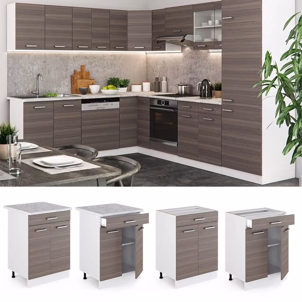 Mobiletto base per cucina Vicco R-Line moderno con ante e cassetto, Grigio e Bianco, L: 60 cm, H: 81,6 cm, P: 46 cm – 2