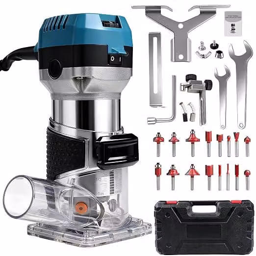 Fresatrice a bordo, 1000W, 30000 giri/min, fresatrice superiore con aspirazione della polvere, 6 velocità, fresatrice monomanuale con 15 frese. Ideale per rifilare, creare scanalature, rifinire bordi, sagomare, tagliare e intagliare il legno