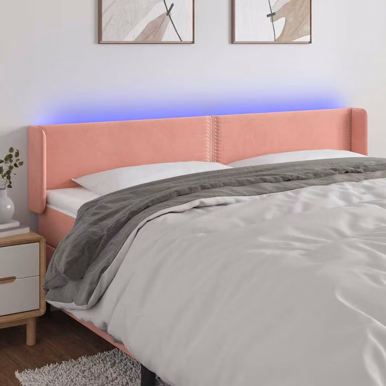 Testiera per letto vidaXL in velluto rosa con illuminazione LED e porta di ricarica USB, L: 183 cm, P: 16 cm, H: 78-88 cm