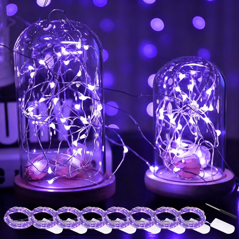 Catena luminosa a tema Halloween, set da 8 luci, 2 metri, luce UV, grado di protezione IP65, colore viola