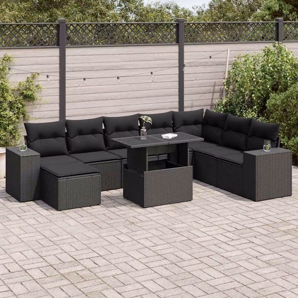 Set di divani da giardino vidaXL a forma di L composto da 9 pezzi con cuscini, colore nero, in polyrattan con struttura in metallo e tavolino da esterno
