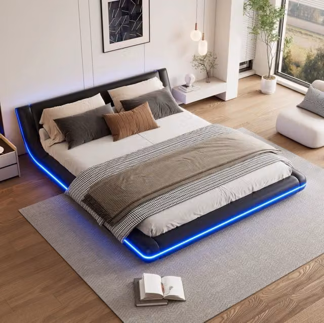 Letto a pavimento 160x200 cm con LED e controllo app in PU nero