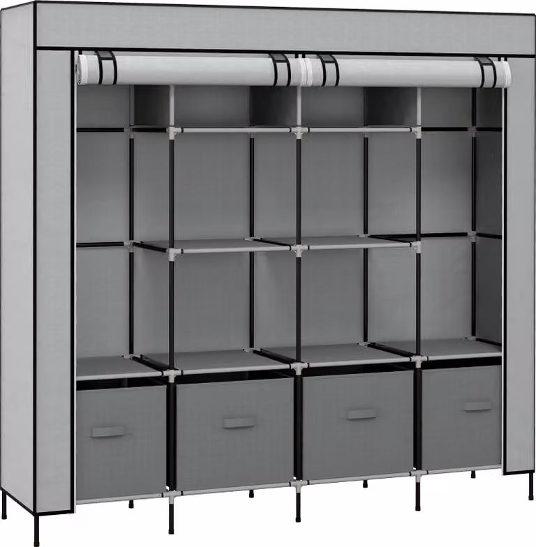 Armadio in tessuto Armadio con appendiabiti 10 scomparti 4 cassetti Armadio in pile grigio scuro per camera e corridoio, grigio scuro, 42,50 cm, 169,50 cm, acciaio, 166,00 cm