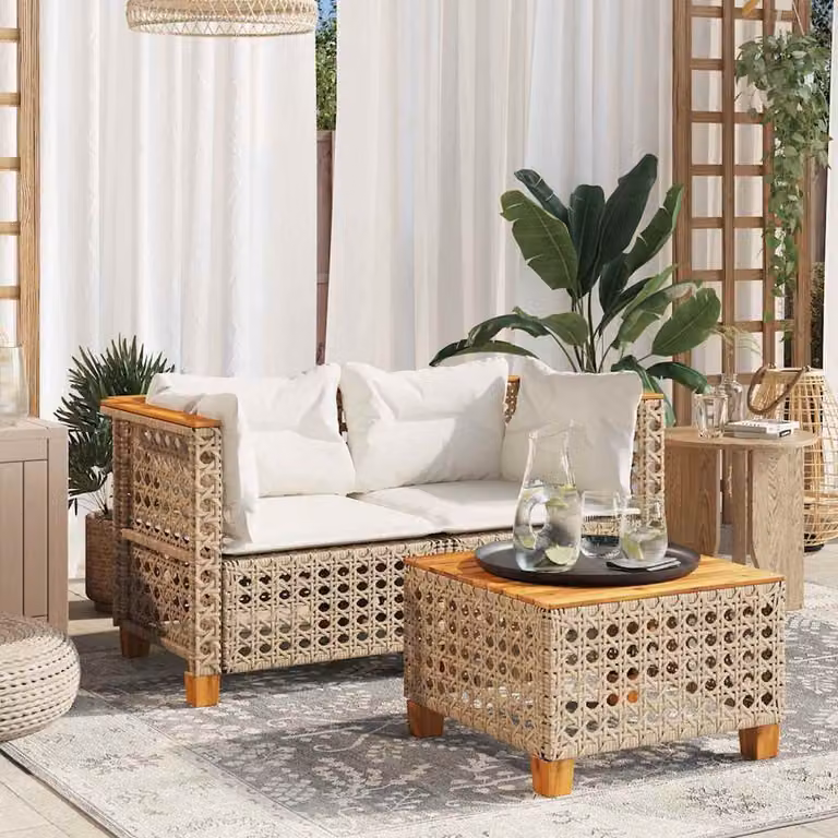 Divano angolare da giardino a 2 posti vidaXL in polyrattan beige con cuscini imbottiti e coperture rimovibili