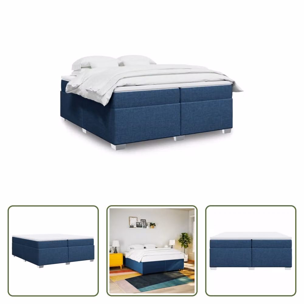 The Living Store Letto a molle con materasso blu 200x200 cm in tessuto