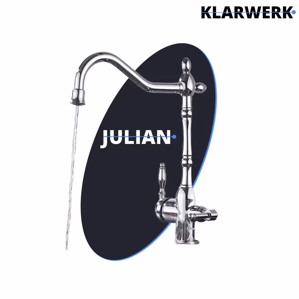 Rubinetto da cucina vintage Klarwerk Julian con filtro a 3 vie in acciaio inox cromato lucido e miscelatore girevole a 360° – 2