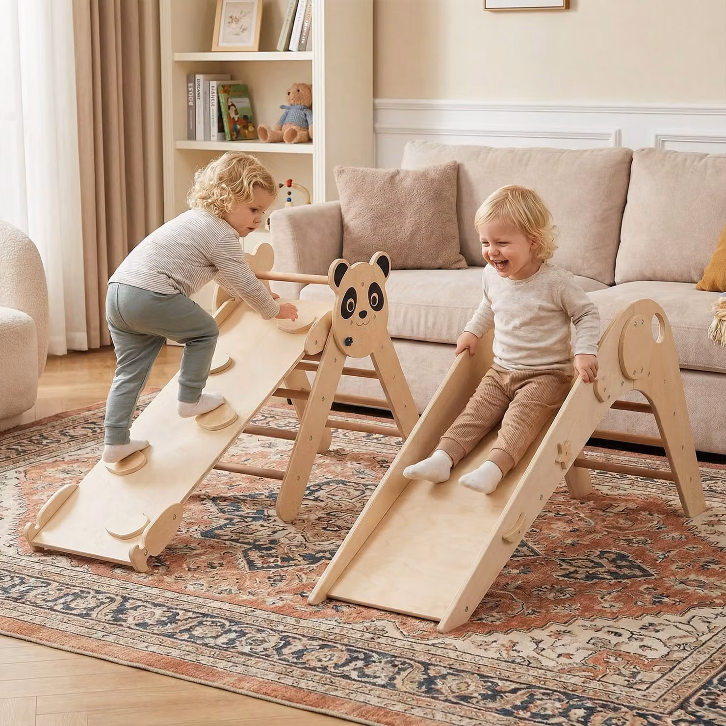 Set Montessori Costway a tema Panda con scivolo e rampe, Parco giochi in legno pieghevole per bambini, Naturale e Multicolore