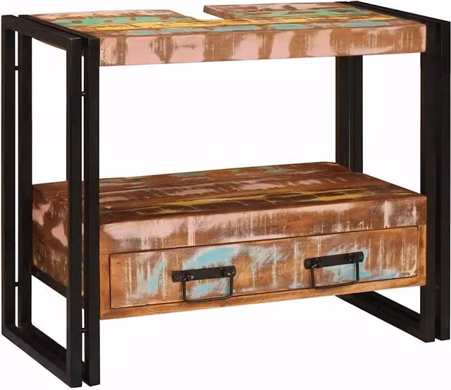 Armadio da Bagno Moderno in Legno e Metallo Multicolore e Nero con Ripiani Interni e Cassetti – 1