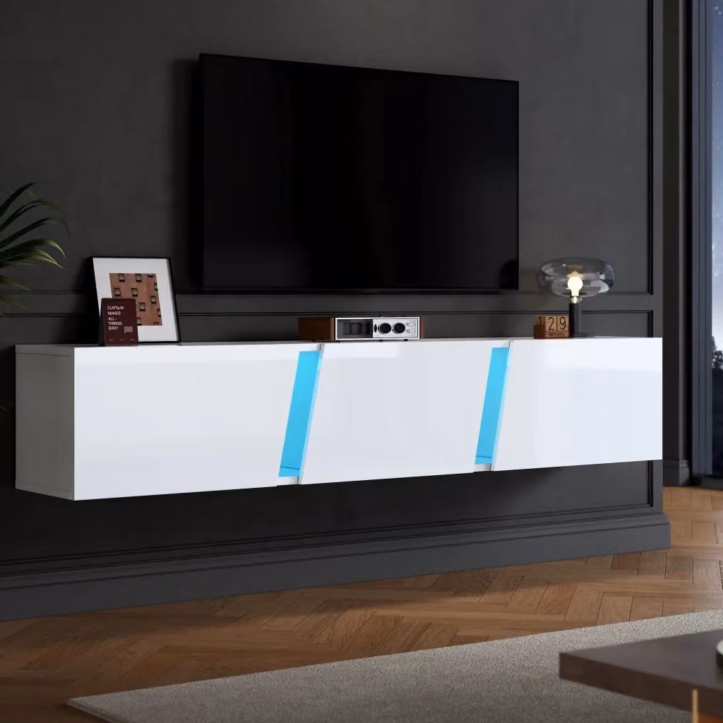 Mobile TV sospeso moderno con 3 ante, illuminazione LED e 5 vani, finitura lucida in pannello di particelle, Bianco, L: 180 cm, P: 35 cm, H: 30 cm – 2