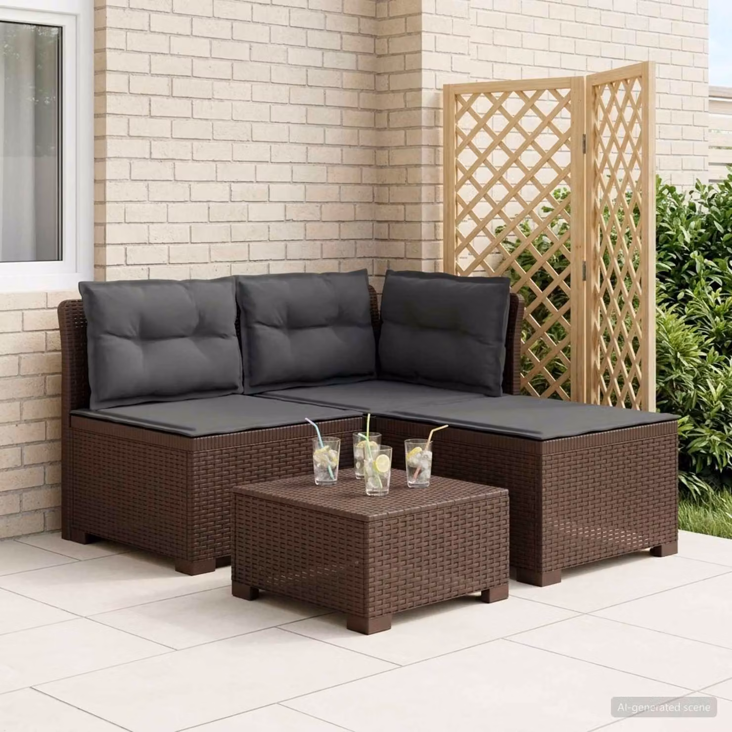 Divano da giardino a L con cuscini vidaXL in look rattan, colore antracite e marrone