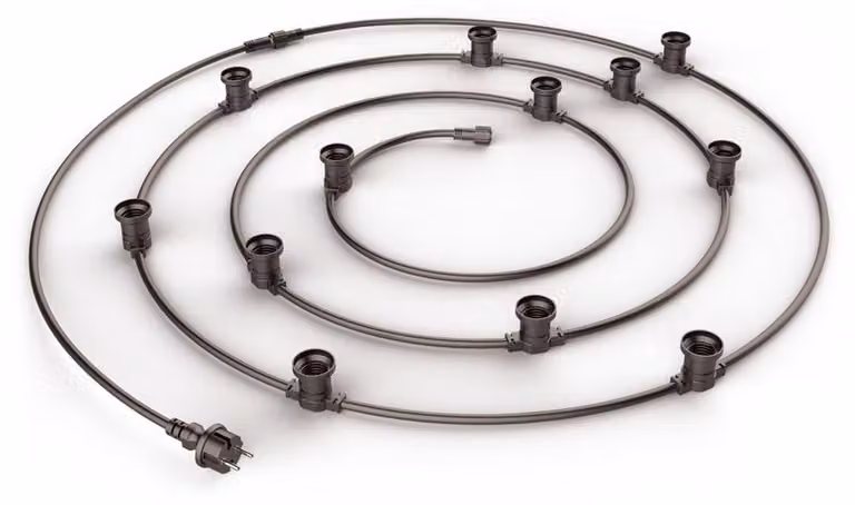 Catena luminosa a LED, 10 metri, estendibile, 10 portalampade E27, colore nero