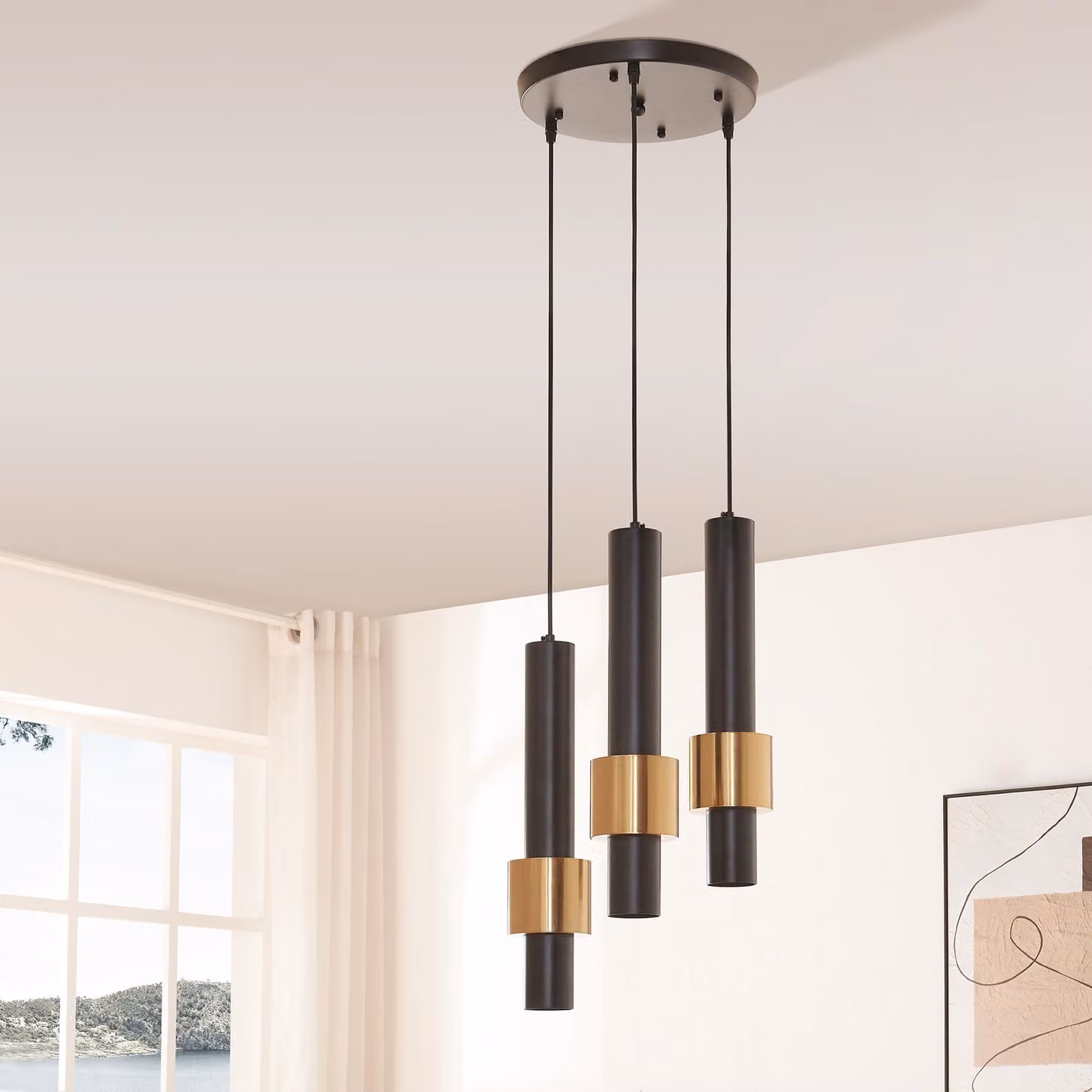 Lampada a sospensione 'Lulled' a 3 luci 200 x Ø28 cm regolabile in altezza 3 x GU10 metallo nero/oro